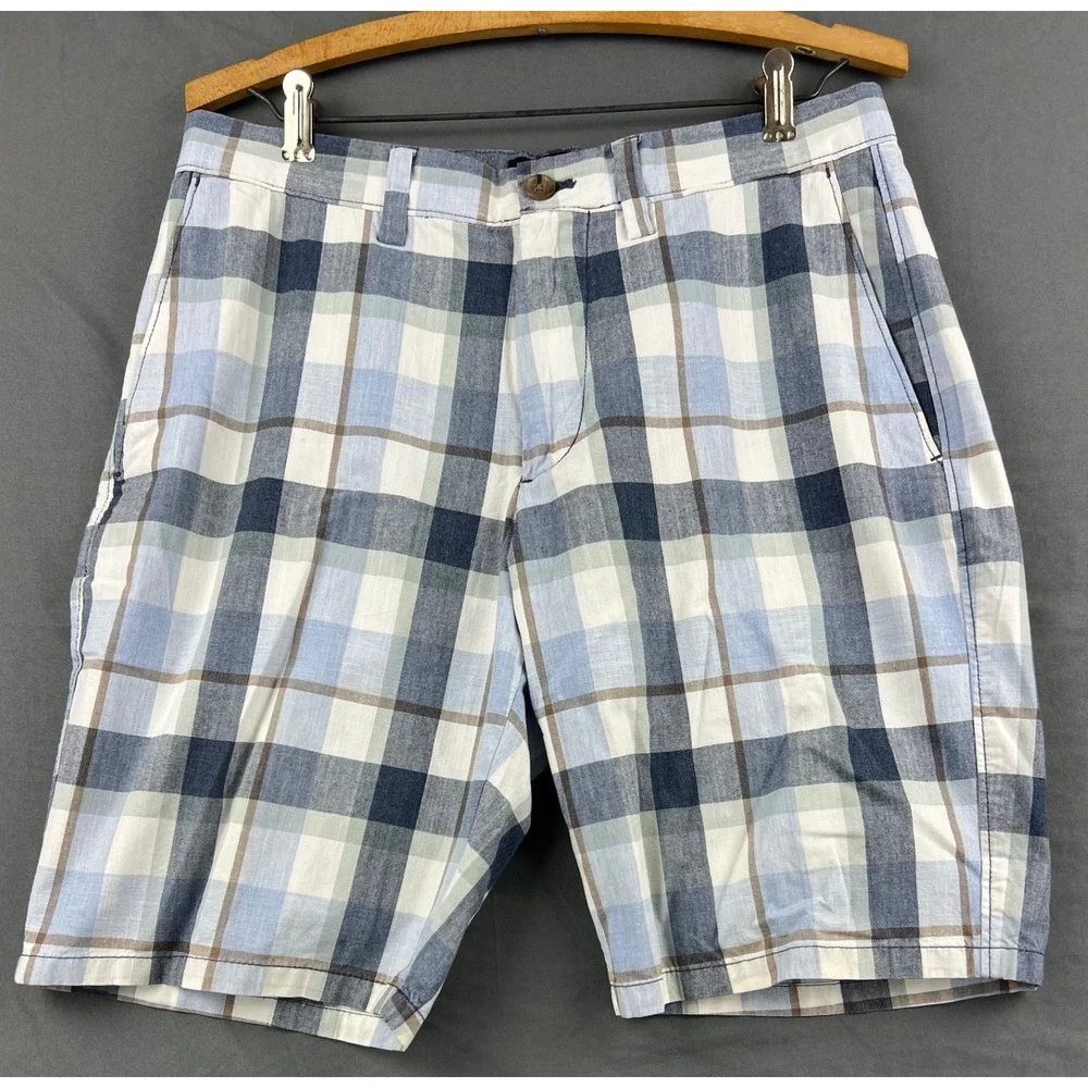 Banana Republic Aiden Short Mens 31 Plaid Blue White Cotton Casual Excellent